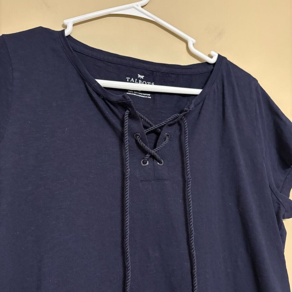 Talbots Short Sleeve Navy Blue Lace Up Cotton T-shirt Petite Large - Picture 4 of 8